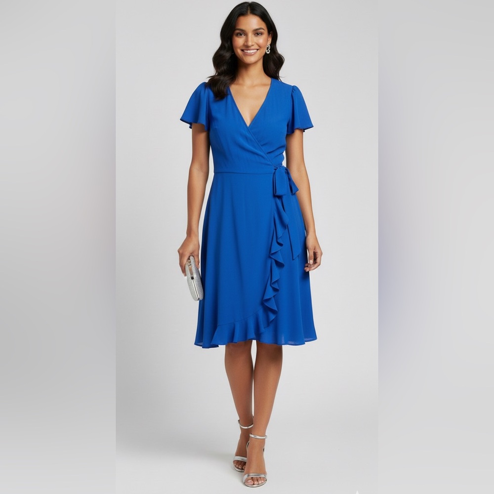 Bellissima Wrap-Style Midi Dress Size 10 with Ruffles in Cobalt Blue NWT